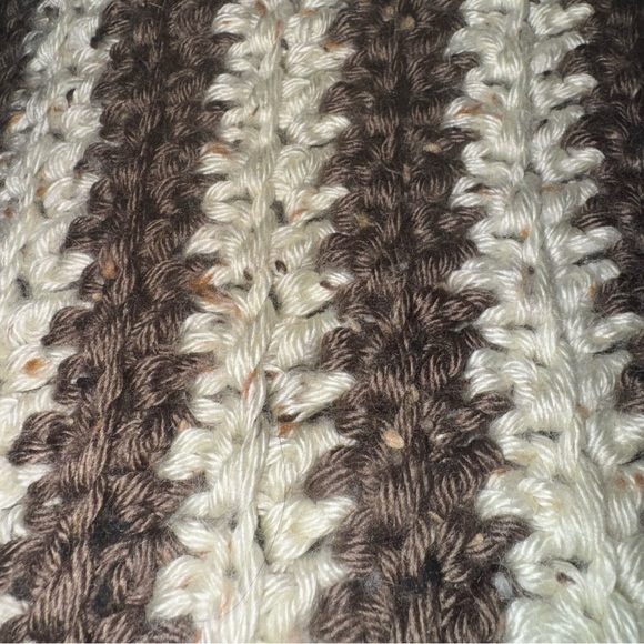 Handmade Crochet Throw Blanket Brown Cream Striped Fringe 45x60 - Picture 2 of 3